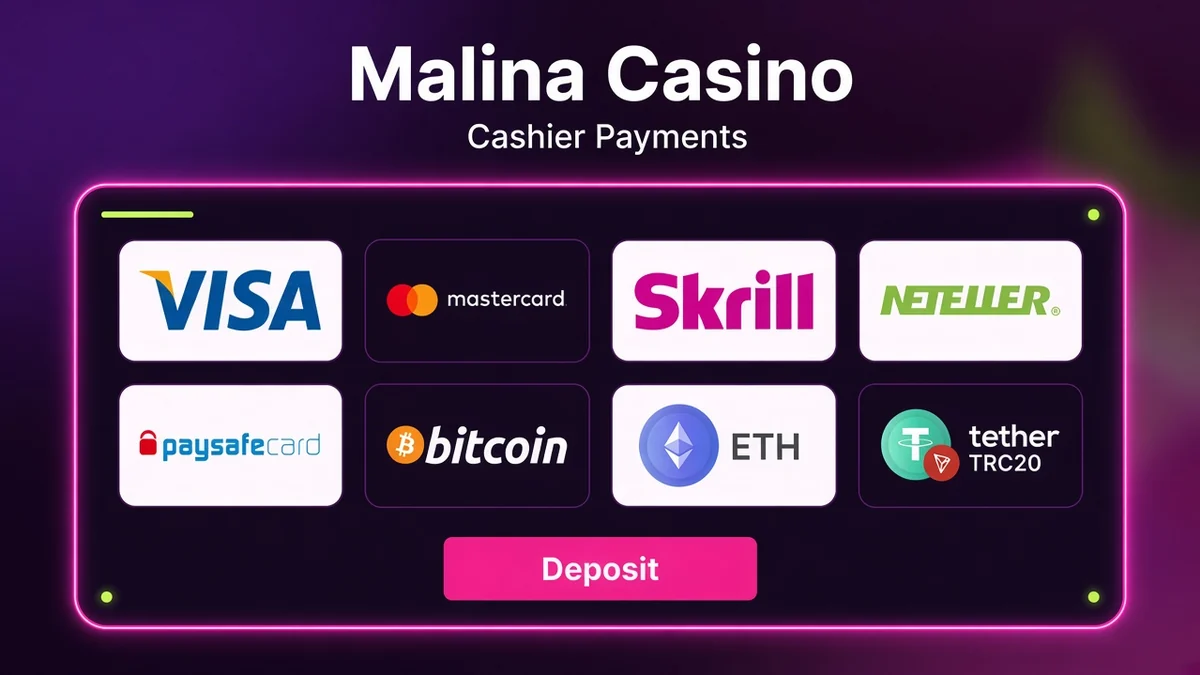 Platobné metódy v pokladni Malina Casino – Visa, Mastercard, Skrill, Neteller, Paysafecard a kryptomeny
